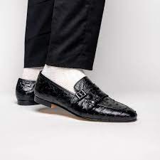Zelli Gatto Ostrich Double Monk Strap Shoes Black Mensdesignershoe Com