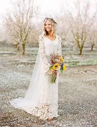 Boho Hochzeit Brautkleid Aus Spitze Mit Langen Armeln Kombiniert Mit Schleier Aus Chiffon Hochzeitskleid Vintage Hippie Hochzeit Kleidung Schleier Hochzeit