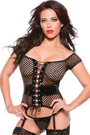 Elastic strappy details with adjustable straps. Black Vinyl Fishnet Bustier And Garter Belts