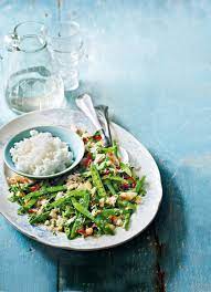 Ginger And Lemongrass Marinated Beans With Crab And Sticky Rice Recipe Delicious Magazine Recipe Mangetout Recipes Recipes Ginger Recipes