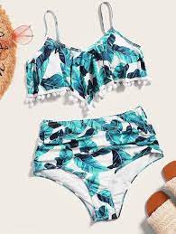 Pom Pom Trim Top With Ruched High Waist Bikini Swswim03190314846 34 00 Moonbaye Com High Waisted Bikini Cute Swimsuits Girls Bathing Suits