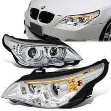 04 07 Bmw 525i 525xi 530i 530xi E60 Led U Halo Turn Signal Projector Headlights Chrome Housing In 2021 Projector Headlights Bmw 528i Headlights