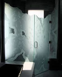 Inneresting Concept Frameless Glass Shower Etched Carved Glass Overlay Pieces And Chiseled Irregular Top Edges Shower Door Designs Shower Doors Glass Shower