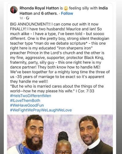 Apostle Rhonda Royal Hatton Sparks Reactions After Announcing She Has Two Husbands, Maurice and Ian, Following 35 Years of Marriage Apostle Rhonda Royal Hatton has caught the attention of social medi