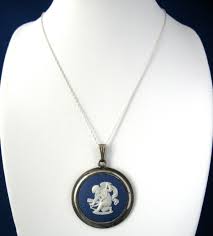 Wedgwood Jasper Necklace Dark Blue Cupid With Bow Silver Chain 1950s Cherub Silver Chain Jasper Necklace Wedgwood