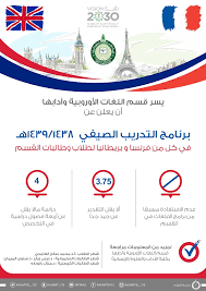 كلية الآداب والعلوم الانسانية قسم اللغات الأوروبية دعوة للالتحاق ببرنامج التدريب الصيفي لعام 1438 1439هـ لطلاب وطالبات قسم اللغات الأوروبية وآدابها