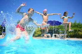 Two Little Girls And Boy Fun Jumping Into Swimming Pool Swimming Pool Chemicals Cool Swimming Pools Pool Games