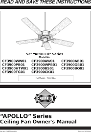 Emerson ceiling fans provide a stylish look and better performance with their features and specifications. Emerson Cf3900ab01 Owners Manual Bp7234 Apollo Cf3900