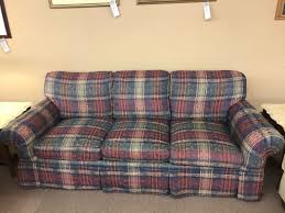 There is a tag which reads 'clayton marcus. Clayton Marcus Plaid Sofa Delmarva Furniture Consignment
