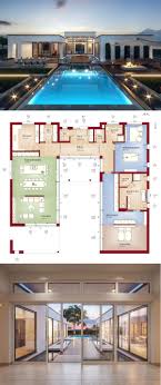 Luxus Bungalow Haus Minimalistisch Mit Flachdach Architektur Grundriss In Uform Mit Innenhof Und Pool Te Haus Bungalow Fertighaus Bungalow Grundriss Bungalow