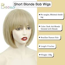 BECUS 10inches Short Bob Wig with Bangs Heat Resistant Synthetic Straight  Wigs for Women Cute Dark Ash Blonde blended with Blonde 16/613 (Free Wig  Cap) : Buy Online at Best Price in