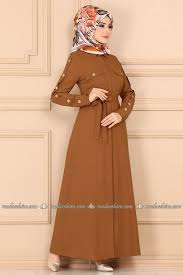Modaselvim Elbise Onden Dugmeli Tesettur Elbise 3015ast305 Tutun Elbise Giyim Tunik