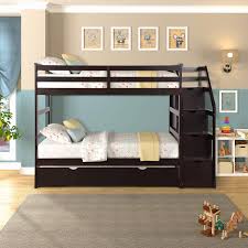 Buy Merax Solid Wood Twin Over Twin Bunk Bed Trundle Bunk Bed With 3 Storage Drawers Staircase And Safety Guard Rail For Boys Girls Teens And Adults Espresso Online In Turkey B0819593m2