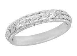 Art Deco Millgrain Edged Hand Engraved Wheat Wedding Ring In White Gold 4mm Wide Wedding Ring Hand Wedding Band Engraving Platinum Wedding Rings