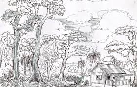 Sketsa gambar pemandangan alam berupa pedesaan dibawah kaki gunung dengan area persawahan dan sebuah rumah dipinggir jalan kecil diatas dapat digunakan untuk latihan mewarnai. 1001 Keindahahan Sketsa Gambar Pemandangan Terlengkap