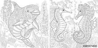 Seahorses usually eat small crustaceans like mysis shrimp. Coloring Page Adult Coloring Book Underwater Ocean World Dolphin Among Marine Seaweed Sea Horse Shoal Of Tropical Fishes Antistress Freehand Sketch Collection With Doodle And Zentangle Elements Stock Vector Adobe Stock