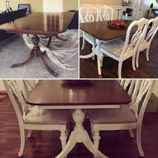 He loved its curved legs and metal claw feet (reminiscent of duncan phyfe style), but the peeling wood veneer—often a sign of improper storage—was in need of an update. Duncan Phyfe Table Makeover White Chalk Paint On Table Base And Repainted Chairs From A Dining Table Makeover Antique Dining Tables Dining Room Table Makeover