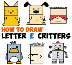A to z alphabet drawing pictures: Huge Guide To Drawing Cartoon Characters From Uppercase Letter E Easy Tutorials For Kids How To Draw Step By Step Drawing Tutorials