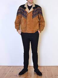 90 S Southwestern Suede Jacket Shearling Brown Leather Etsy Brown Leather Jacket Blanket Jacket Jackets