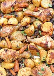 One Pan Baked Chicken Drumsticks Potatoes And Vegetables Recipe Baked Chicken Legs Chicken And Vegetable Bake Chicken Drumstick Recipes