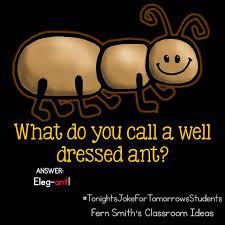 Tonight S Joke For Tomorrow S Students What Do You Call A Well Dressed Ant Eleg Ant Foll Funny Jokes For Kids Funny Jokes And Riddles Funny Quotes For Kids