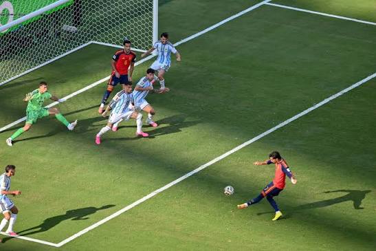 Spain's forward Ferran Torres celebrates scoring his team's first goal  during the 2026 World Cup football tournament final match between Spain and  Argentina at the New York/New Jersey Stadium in East Rutherford