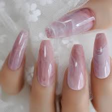 Long Coffin Nails Pink Marble Extra Long Glossy Stone Pattern