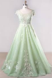 A Line Scoop Neck Cap Sleeve Light Green Tulle Lace Plus Size Prom Dress