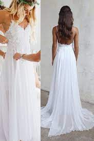 Spaghetti Strap V Neck White Chiffon Lace Appliqued Summer Beach Wedding Dresses Bridal Dress N157 Cheap Beach Wedding Dresses Beach Wedding Dresses Backless Summer Wedding Dress Beach