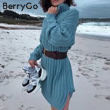 70 03 46 Off Berrygo أنيقة الأبيض محبوك فستان المرأة السلاحف الرقبة الإناث الخريف سترة فساتين قص Sweater Dress White Sweater Dress Long Sleeve Knit Dress