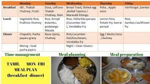 mon fri meal plan tamil breakfast dinner weekly menu plan tamil food routine time management