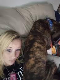 Medium to large white dog with brown stripes