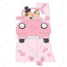 Invitation De Mariage Avec La Mariee Et Le Marie Droles Sur La Conduite Automobile Pour Leur Lune De Miel Illustration Dessin A La Main Clip Art Libres De Droits Vecteurs Et