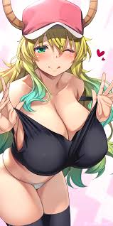 Rule 34 - 1girls :q Bare Shoulders Big Breasts Blonde Hair Blush Breasts  Cleavage Closed Mouth Collarbone Dragon Girl Dragon Horns Green Eyes Hat Hi  Res Horns Huge Breasts Kobayashi-san Chi No