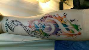 Watercolor Music Themed Rose Scrollwork By Zoe At Abandoned Art Wanneroo Perth Western Australia Music Tattoo Designs Tattoos Creative Tattoos
