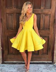 Cute V Neck Yellow Homecoming Dresses Sleeveless Short Prom Dresses From Seventeenprom Homecoming Dresses Under 100 Satin Homecoming Dress Yellow Homecoming Dresses