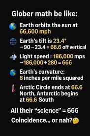 Glober math be like: Earth orbits the sun at 66,600 mph Earth's tilt is  23.4° →90-23.4 66.6 off vertical Light speed=186,000 =186, speed= mps  -186,000=280=666 =666 →186,000 Earth's curvature: 8 inches per