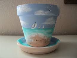 Hand Painted Flower Pot Saucer 6 Quot Beach Scene Sailboats Tropical Paradise Seed Packet Included Painted Flower Pots Painted Clay Pots Flower Pots