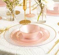 24 Pack Pearl Pink and Gold Rim Round Plastic Dinnerware Set (12 Guests) - Edge Pebbled