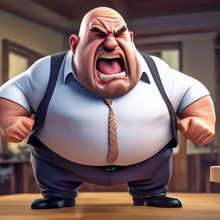 Fat bald angry short-legged full-length boss caricature, humor, cinematic,  …" — image created in Shedevrum