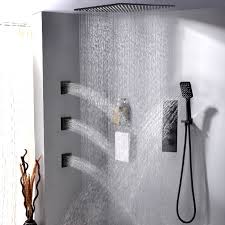 Modern Square Ceiling Mount Rain Shower System With Hand Shower Body Spray Jets 3 Function Shower Valve In Matte Black In 2020 Shower Systems Rain Shower Head Ceiling Rain Shower System