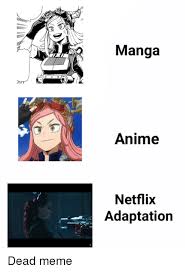 Netflix adaptation refers to images mocking netflix adaptations of various anime and manga series by comparing the artwork to photographs of cosplayers, centering the joke on how the adaptations tend to change characters for the worse with poor design or fundamental plot changes. Manga Anime Netflix Adaptation Anime Meme On Me Me