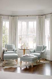 Bay windows are of several types: Blue French Accent Chairs In Bedroom Bay Window Transitional Bedroom
