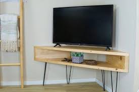 Corner Tv Console Table Wood And Hairpin Legs Etsy In 2020 Corner Tv Console Tv Console Table Corner Tv