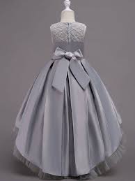 Bow Lace Contrast Applique Round Collar Sleeveless Long Dress Big Girl Dresses Kids Fashion Dress Kids Dress