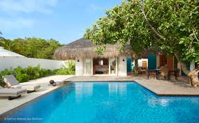 The water villas with pool are located either in the crystal clear lagoon or facing the house reef, all featuring modern interiors similar to the deluxe water villas. Fairmont Maldives Sirru Fen Fushi Landezine International Landscape Award Lila