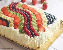Per fare ciò, lubrificiamo bene la torta finita con crema proteica. Torta Di Frutta Rettangolare Con Decorazione Ad Onda