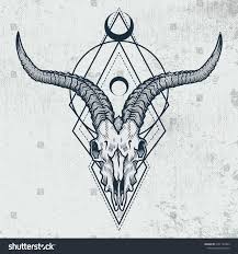 Goat Skull In Ink Graphic Technique Vector Illustration Of Goat Skull With Sacred Geometry Shapes On Grun Cat Skull Tattoo Cow Skull Tattoos Owl Skull Tattoos
