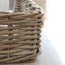 Small basket measures 11.4 l x 6.6 w x 4.5 h; Grey Rattan Tray Display Basket By Marquis Dawe Notonthehighstreet Com