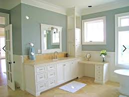 White Vanity Tan Counter Blue Walls With Beadboard Yellow Bathrooms Bathroom Wall Colors Yellow Bathroom Decor